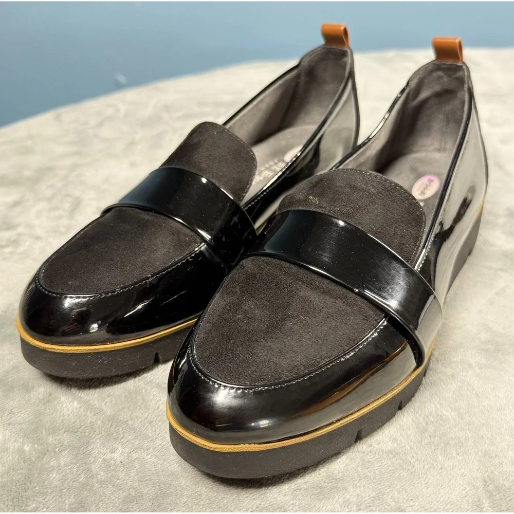 Dr Scholls Loafers Womens 8.5 Black Patent Leather Suede Platform