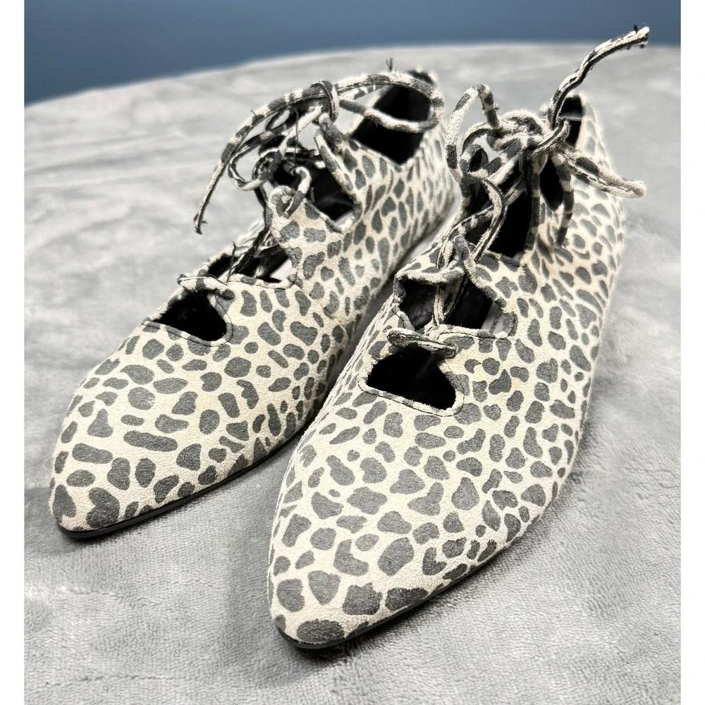 Transit New York Womens 7M Lace Up Flats Leopard Print Suede Leather