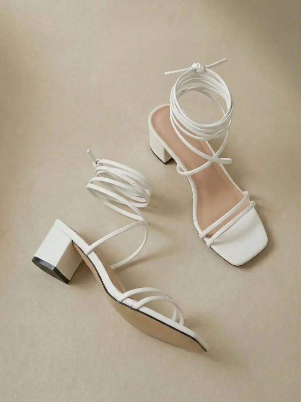 White Strappy Lace-Up Block Heel Sandals