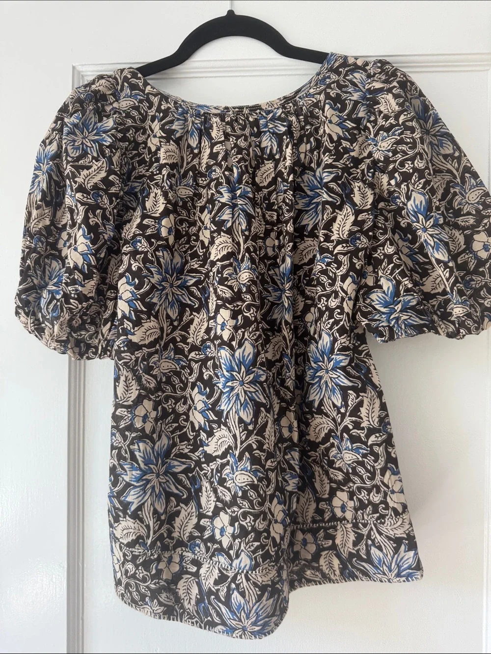 Madewell Floral Puff-Sleeve Women’s Top in Black, Cream & Blue size S