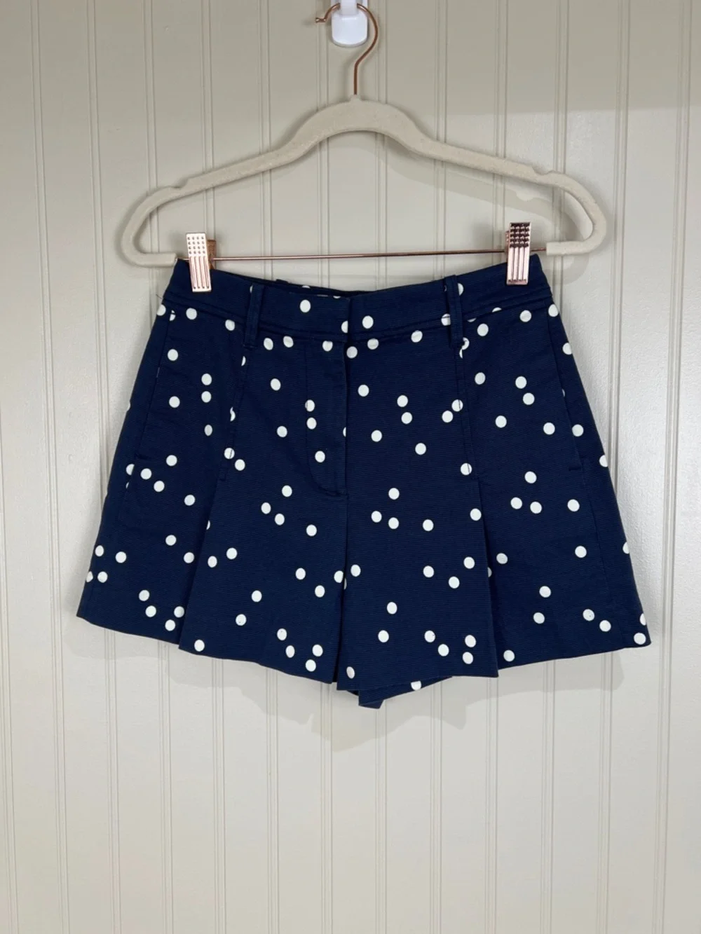 New J Crew High Waisted Pleated Indigo Polka Dot Shorts Size 00