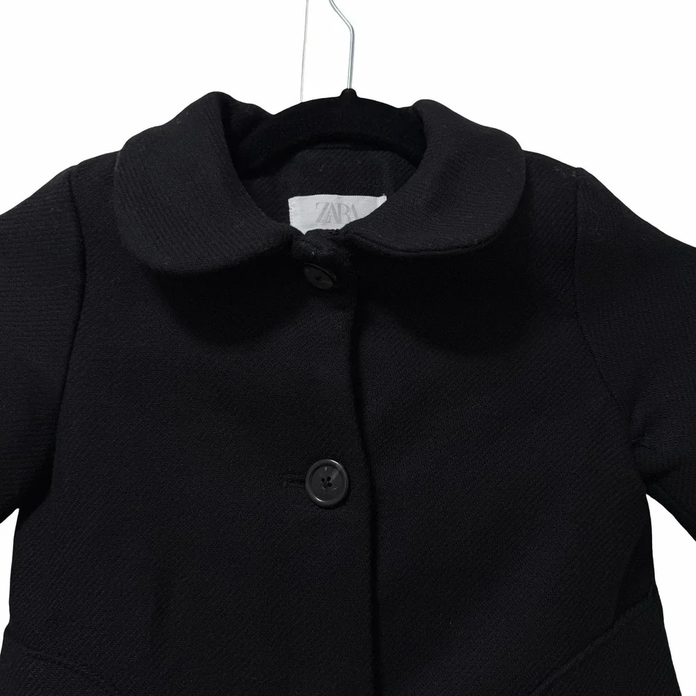 ZARA Wool Blend Button Front Pea Coat Girls Size 3/4Y Black Heavyweight Winter