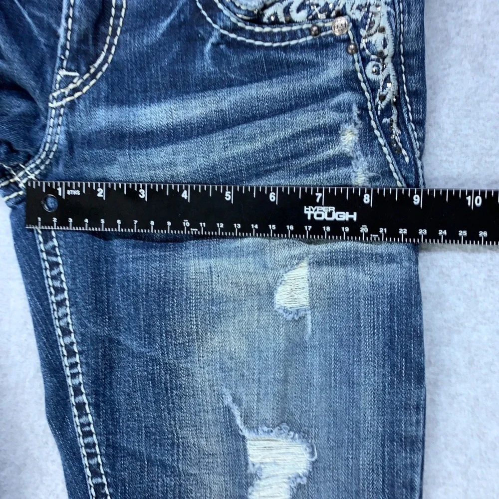 Silver Jeans Tuesday Low Boot Women 27 Blue Distressed Embroidered Bootcut Denim