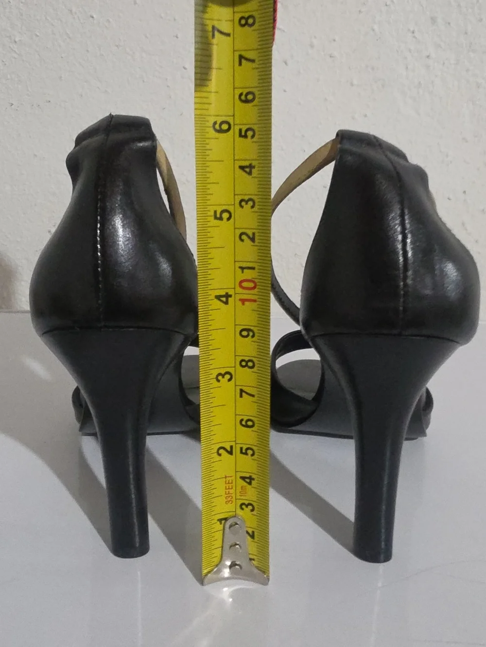 BCBG Black Leather Heels with Gold Trim Ankle-Strap Sandals