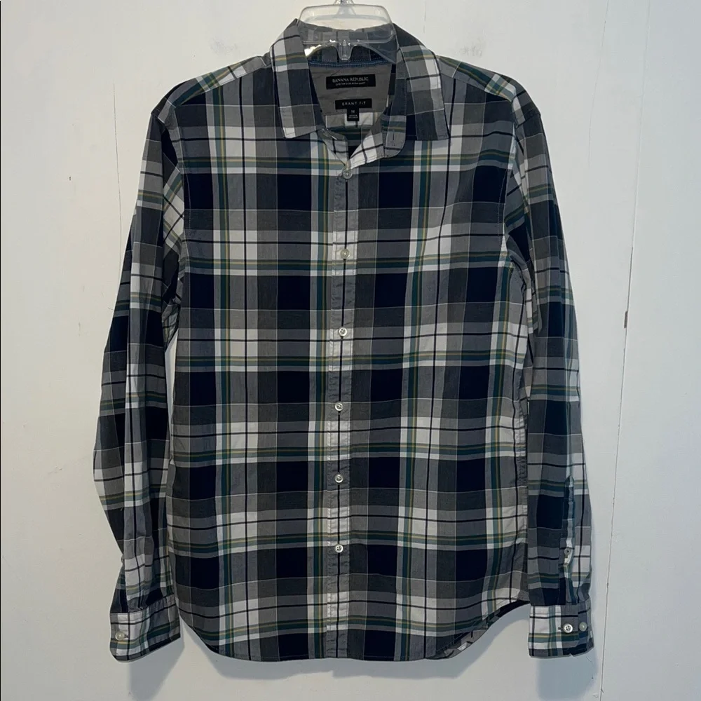 Banana Republic Men's Plaid Shirt - Navy, White, Green Button Up 072626