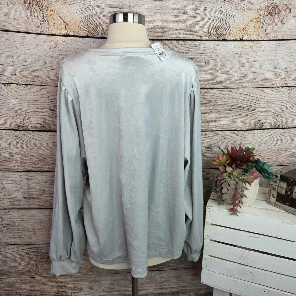 NWT‎ LOFT Womens Light Grey Velvet Puff Sleeve Top Crew Neck XL