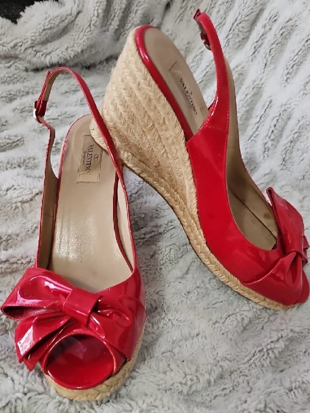 Valentino Red Patent Bow Slingback Wedge Sandals
