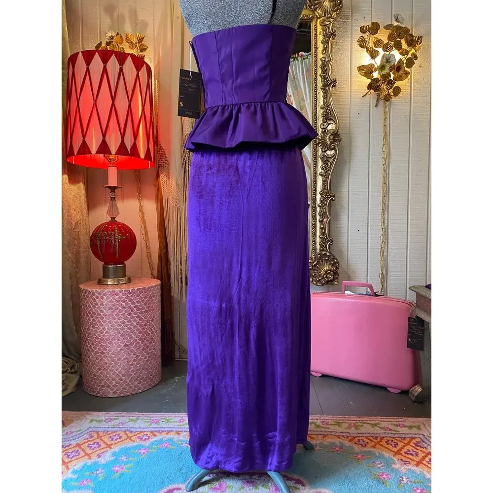 vintage 1970s 3 piece set, purple velvet maxi skirt, peplum bustier, 70s formal