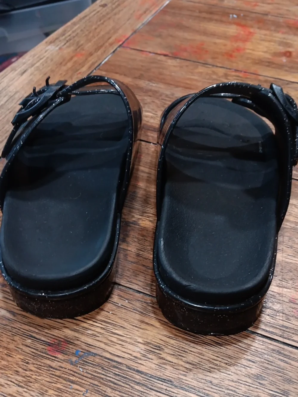 Kids Black Glitter Double-Buckle Sandals