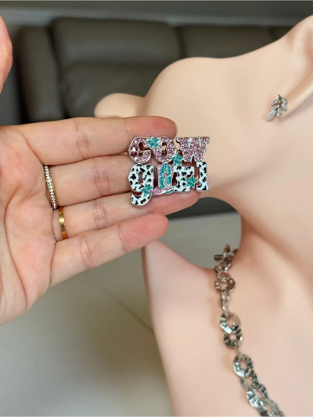 Western Style Playful Pink & Turquoise Enamel Pin Brooch