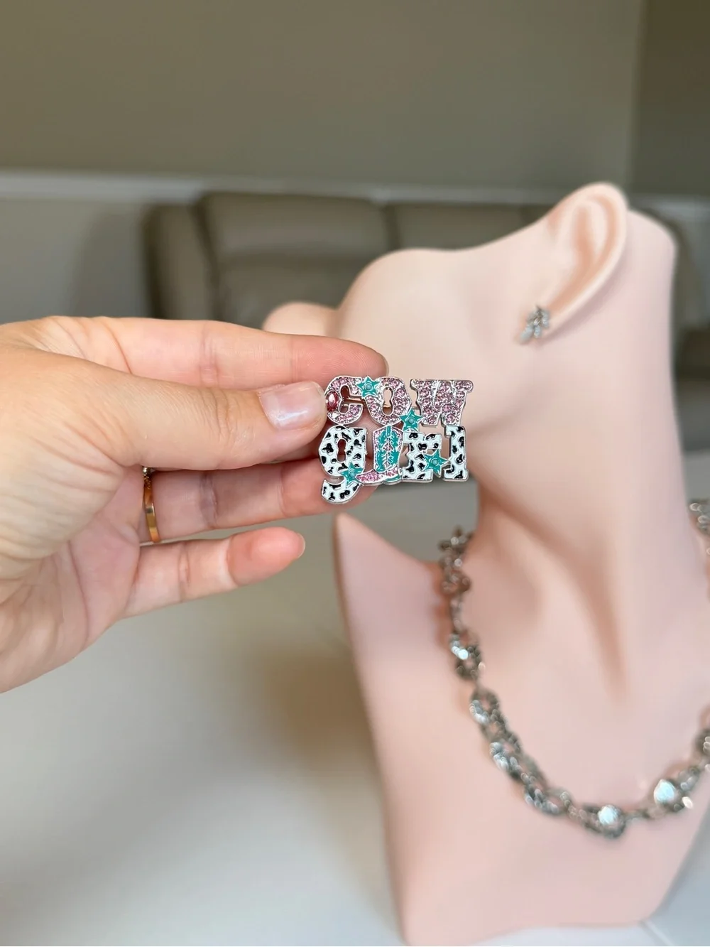 Western Style Playful Pink & Turquoise Enamel Pin Brooch