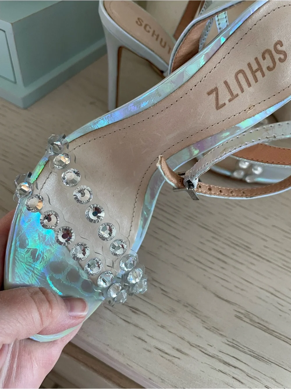 Schutz - Iridescent Crystal Strap Heeled Sandals - Light Aqua