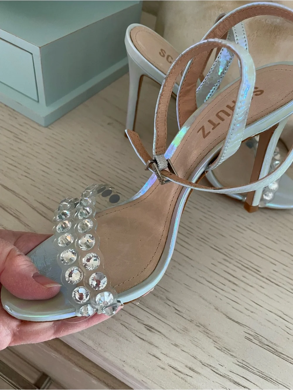 Schutz - Iridescent Crystal Strap Heeled Sandals - Light Aqua