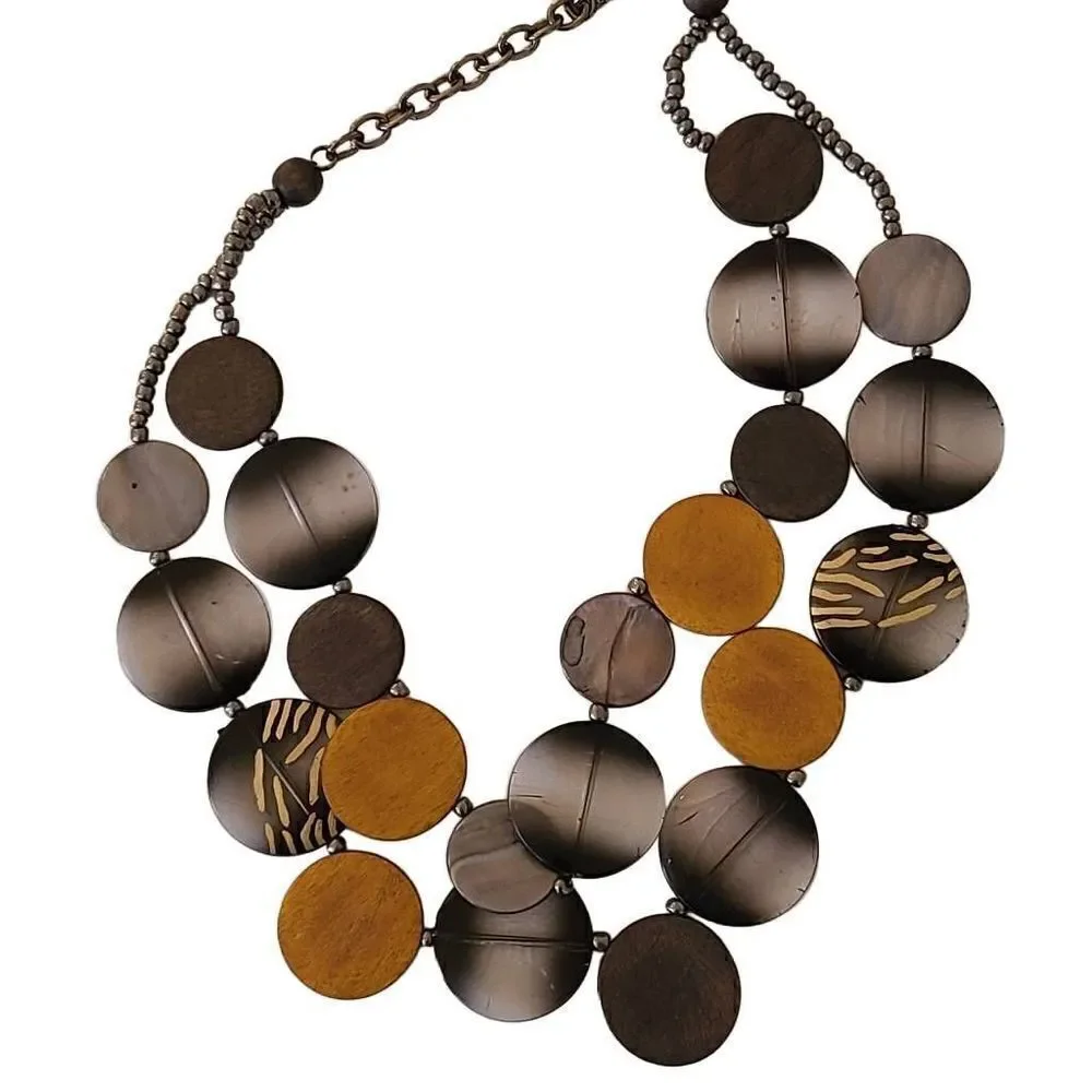 Double Strand Earthtone Disc and Wood Statement Necklace