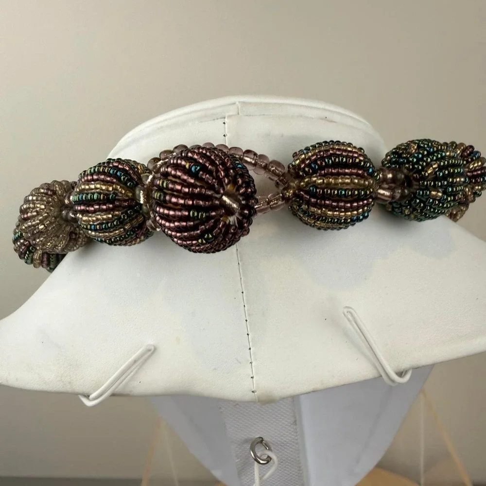 Seed Bead Woven Orb Necklace Iridescent Chunky Statement Artisan Bohemian