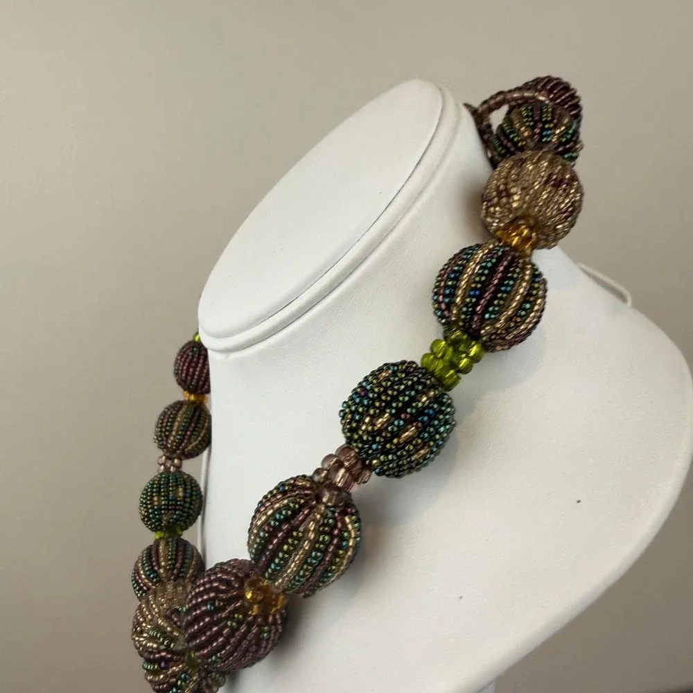 Seed Bead Woven Orb Necklace Iridescent Chunky Statement Artisan Bohemian
