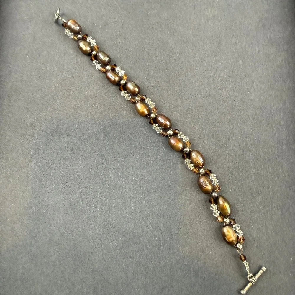 Pearl Crystal Beaded Bracelet Chocolate Iridescent Baroque Toggle Clasp Boho