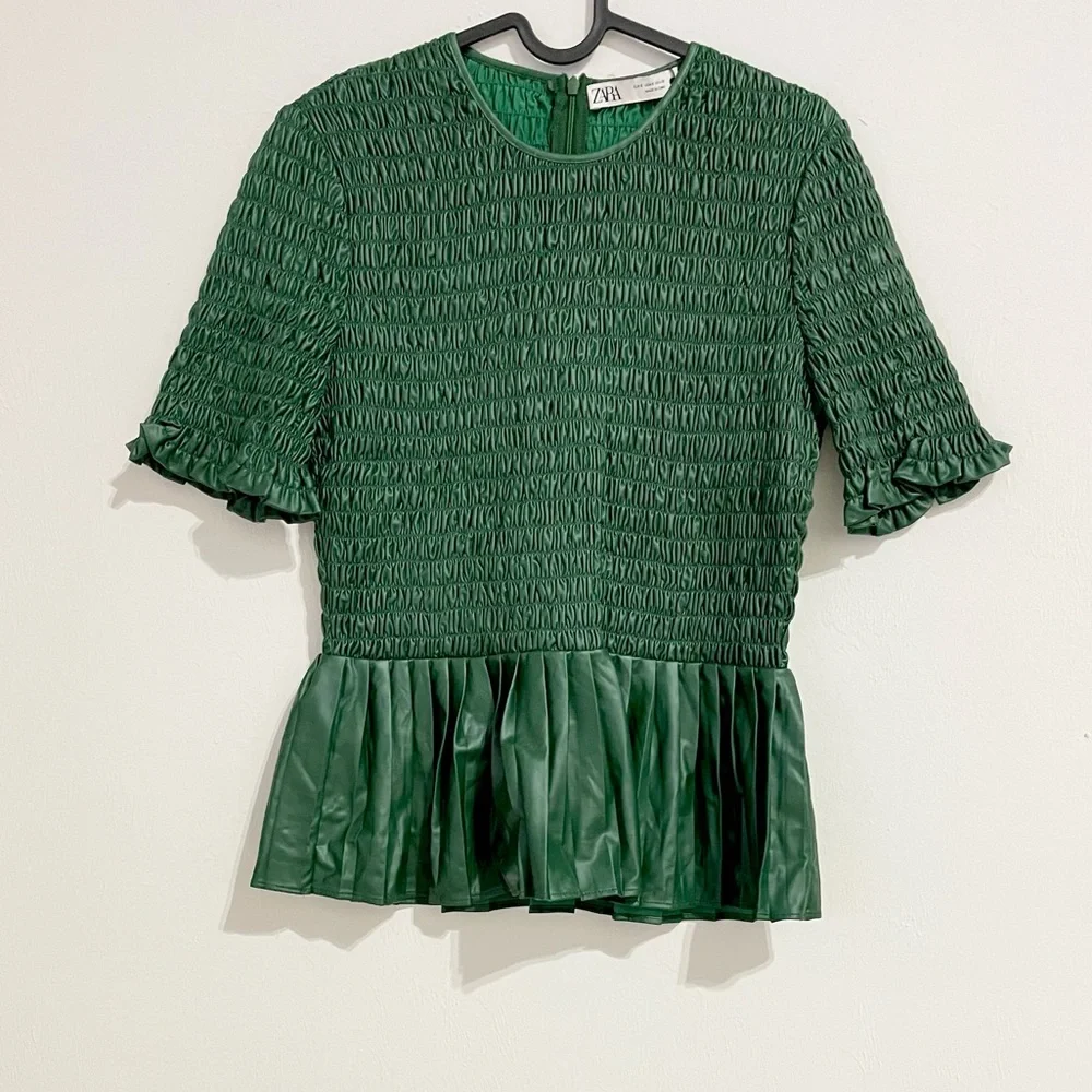 NWT! ZARA Green Smocked Peplum Short Sleeve Top!