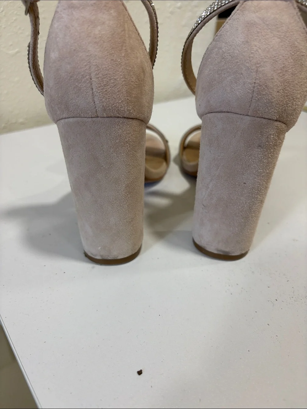 Steve Madden Blush Pink Suede Crystal Strap Block Heels