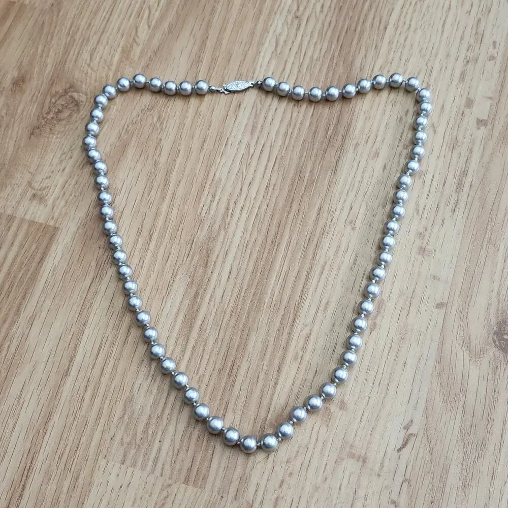 Vintage Gray Faux Pearl Strand Necklace Graduated Knotted 24in‎ Fishhook Clasp