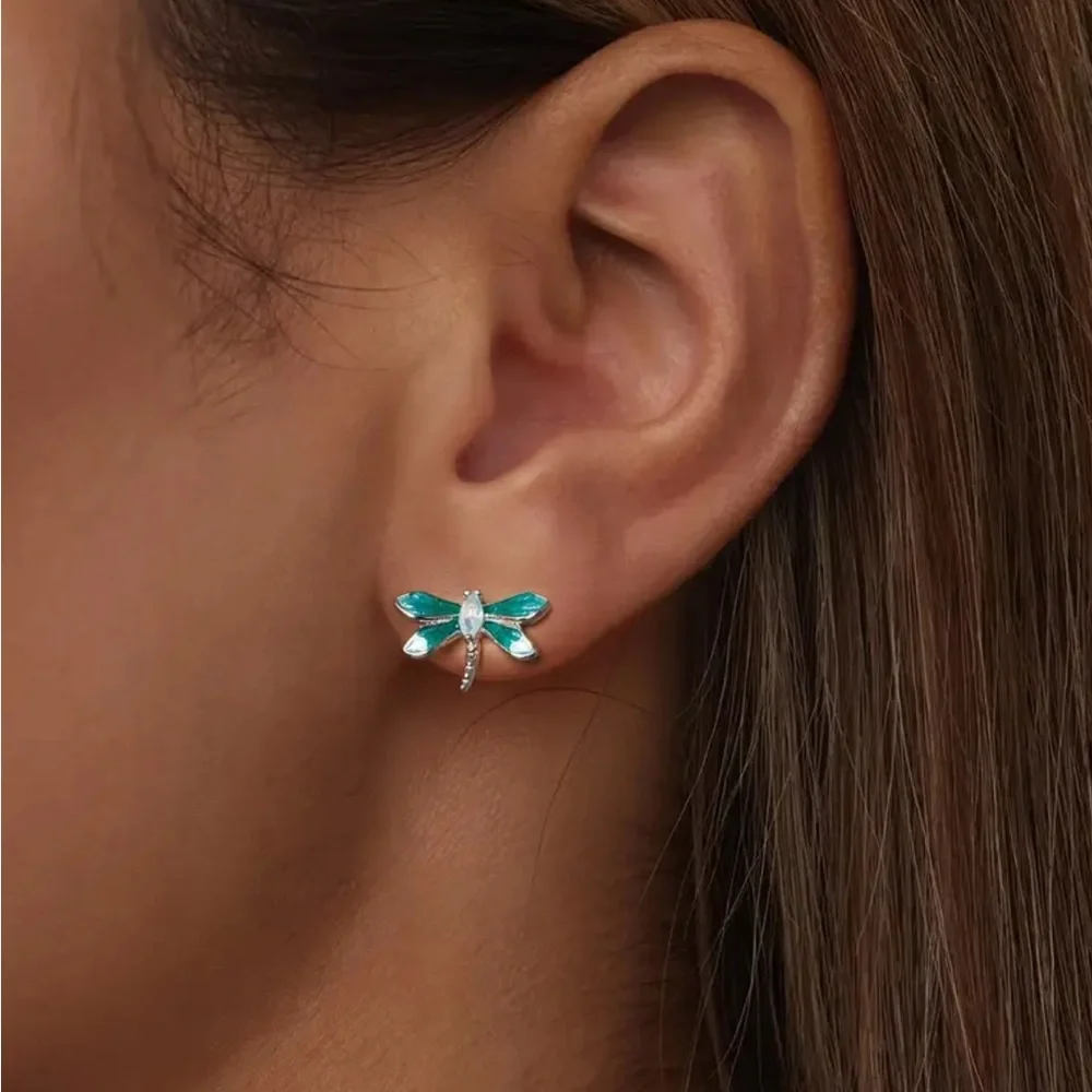 Sterling Silver Green Zirconia Dragonfly Stud Earrings