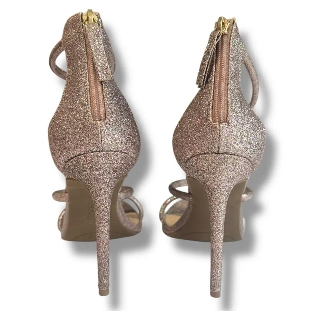 Bebe Berdine Ankle-Strap Stiletto Heel Sandals Pink Blush Metallic Glitter Size
