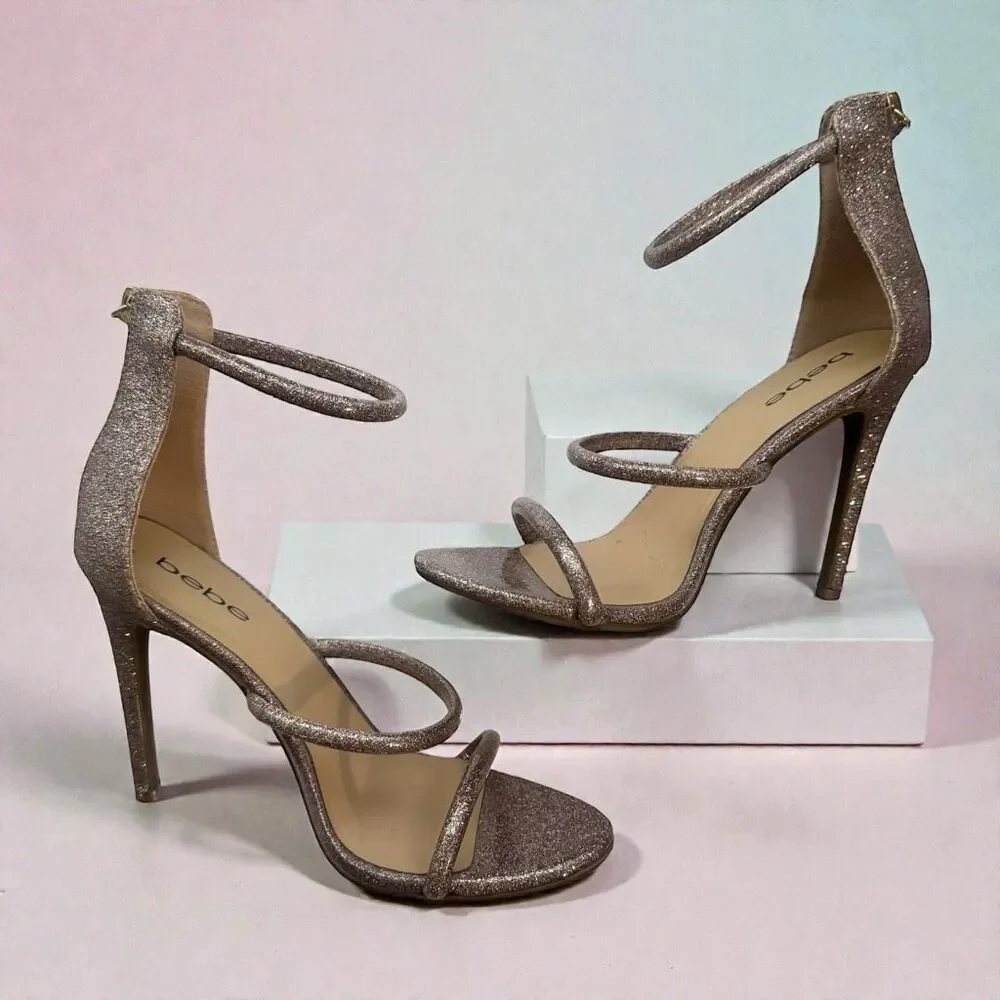 Bebe Berdine Ankle-Strap Stiletto Heel Sandals Pink Blush Metallic Glitter Size