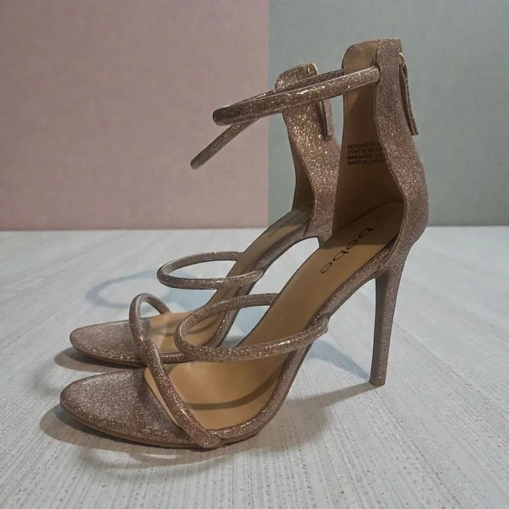 Bebe Berdine Ankle-Strap Stiletto Heel Sandals Pink Blush Metallic Glitter Size
