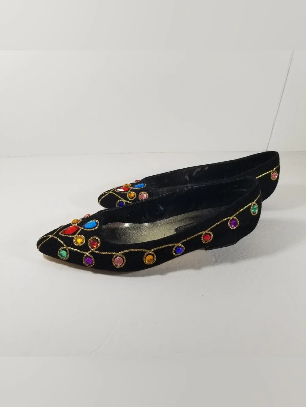 J. Renee Black Suede Bejeweled Low Heels Women's 8M Gold Trim
