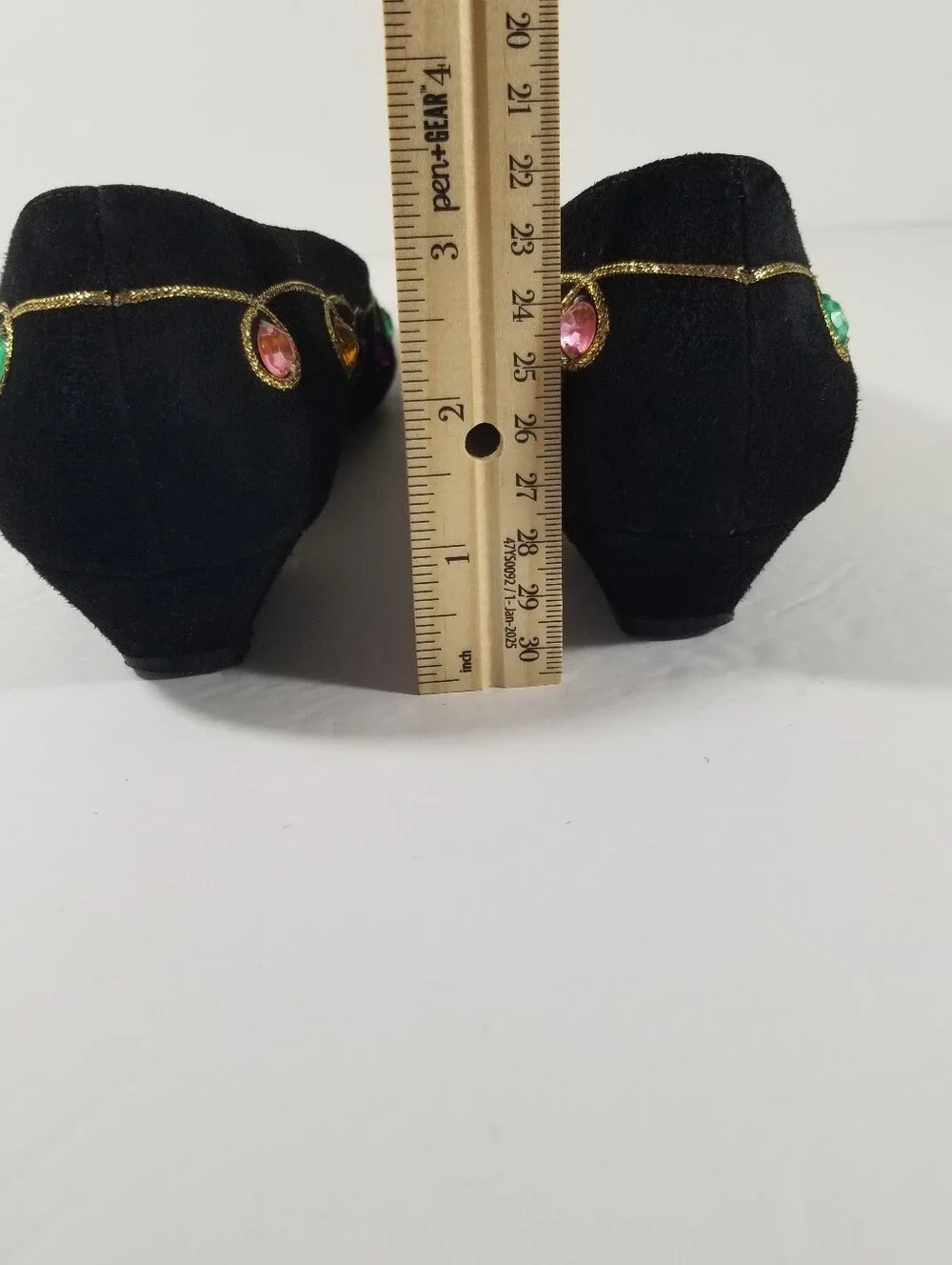 J. Renee Black Suede Bejeweled Low Heels Women's 8M Gold Trim