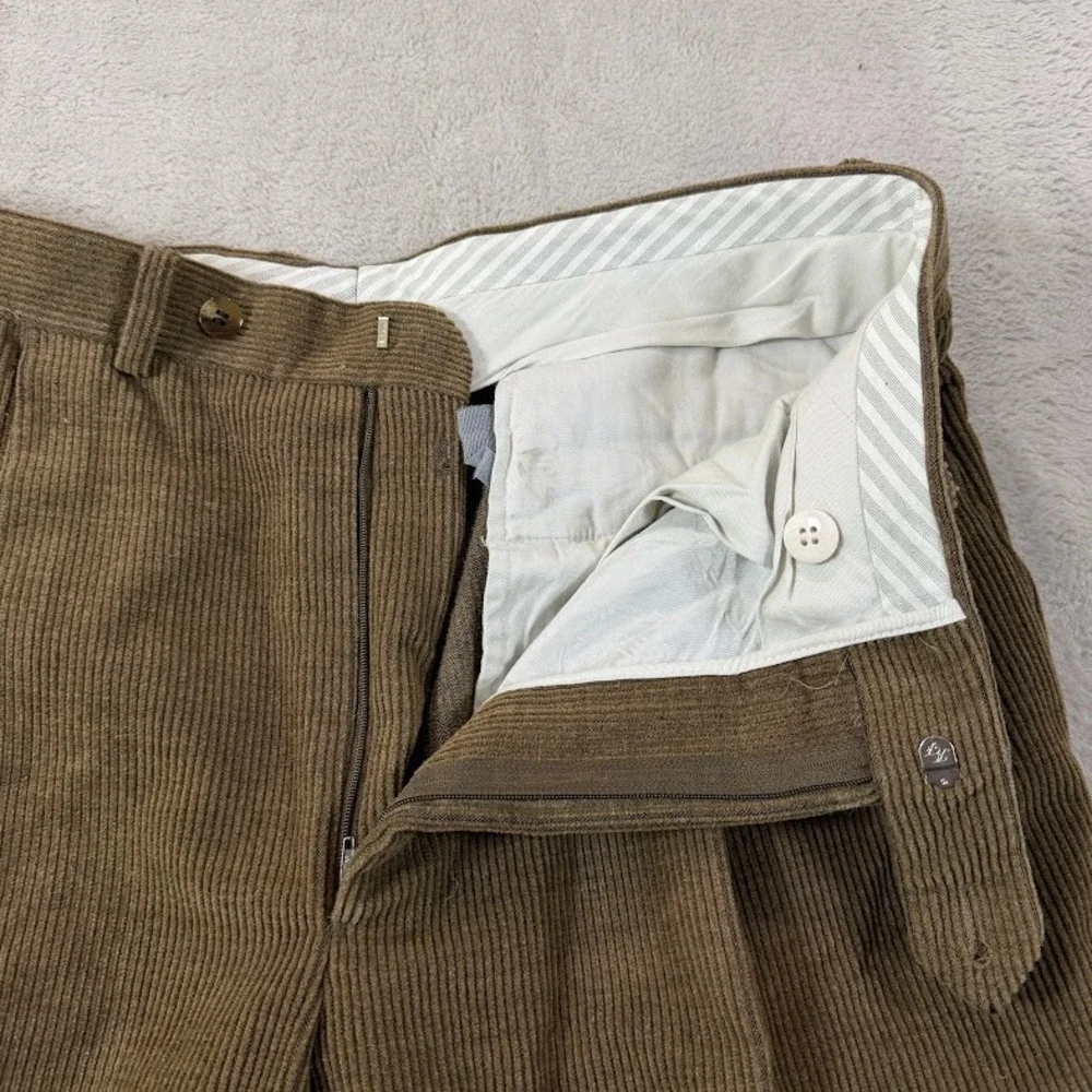 Samuelsohn Mens 33x28 Corduroy Brown Wool Pleated Cuffed Dress Pants Italy EUC