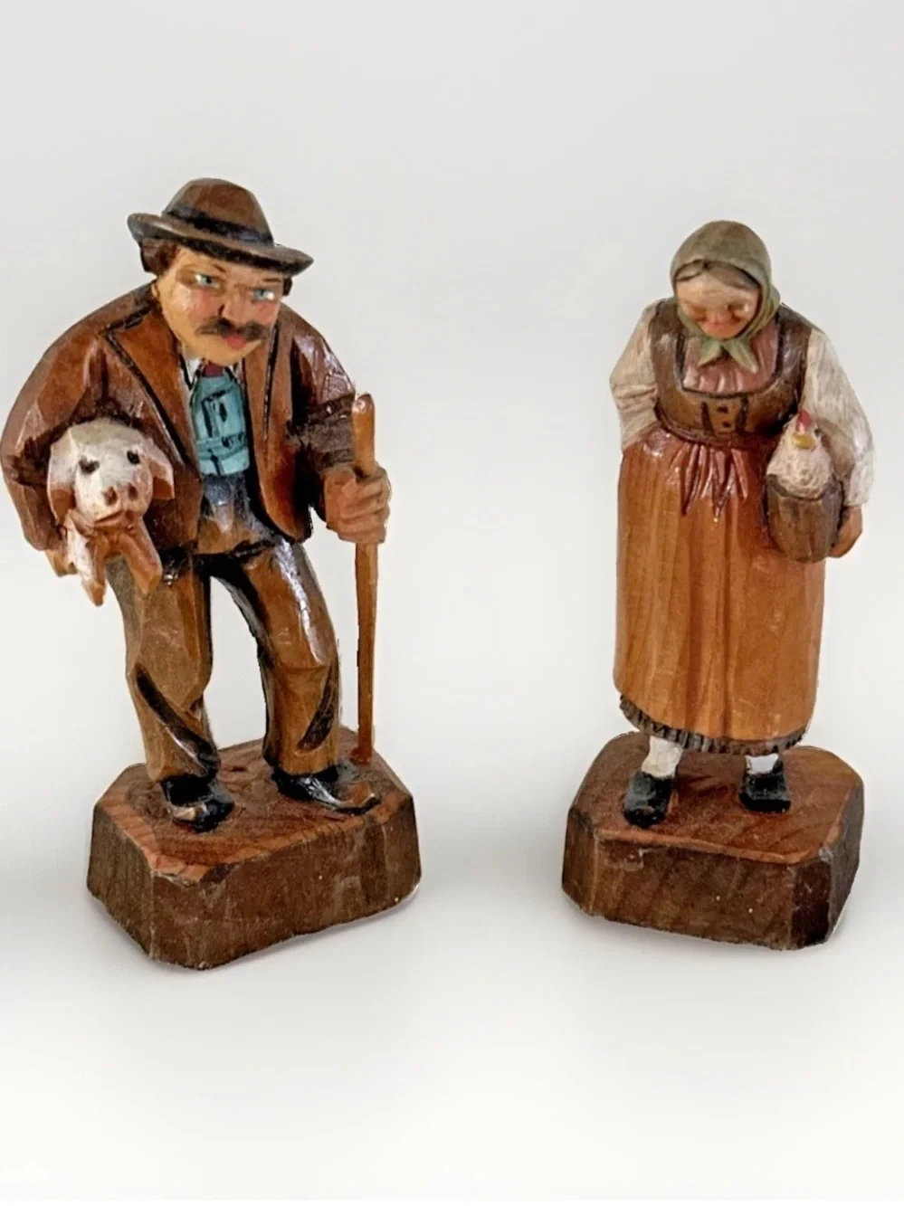Vintage Hand Carved Wood Couple Figure Man-PIG Woman-CHICKEN GERMANY