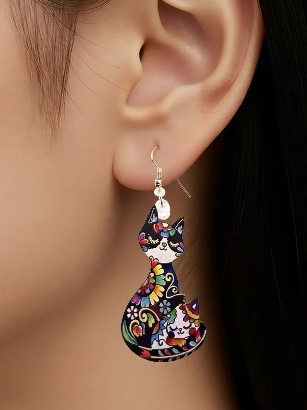 Colorful Folk Art Black Cat Earrings | Floral Acrylic Dangle Pierced Jewelry NWT