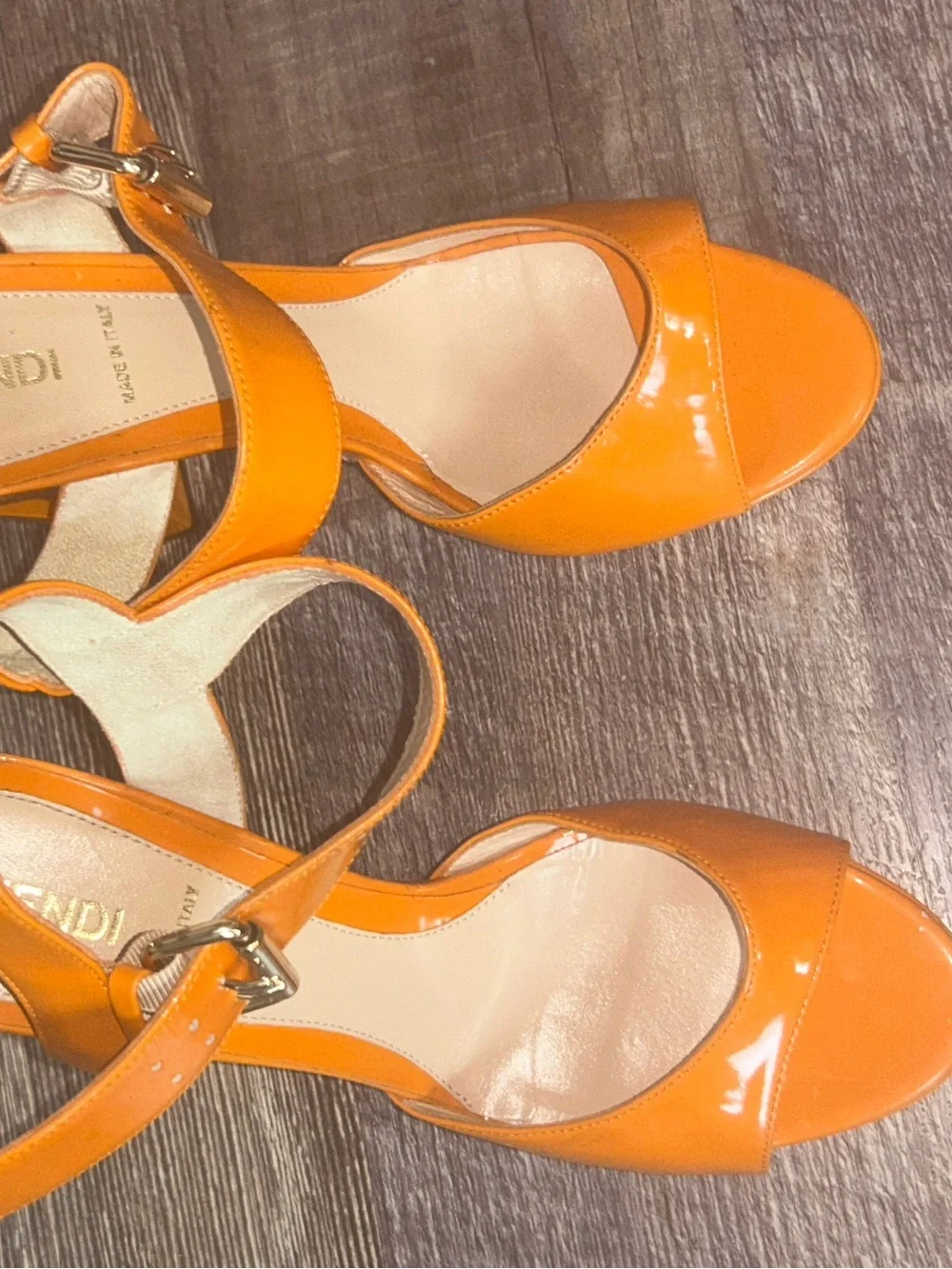 Fendi Women's Orange Patent Leather Heel Sandal
