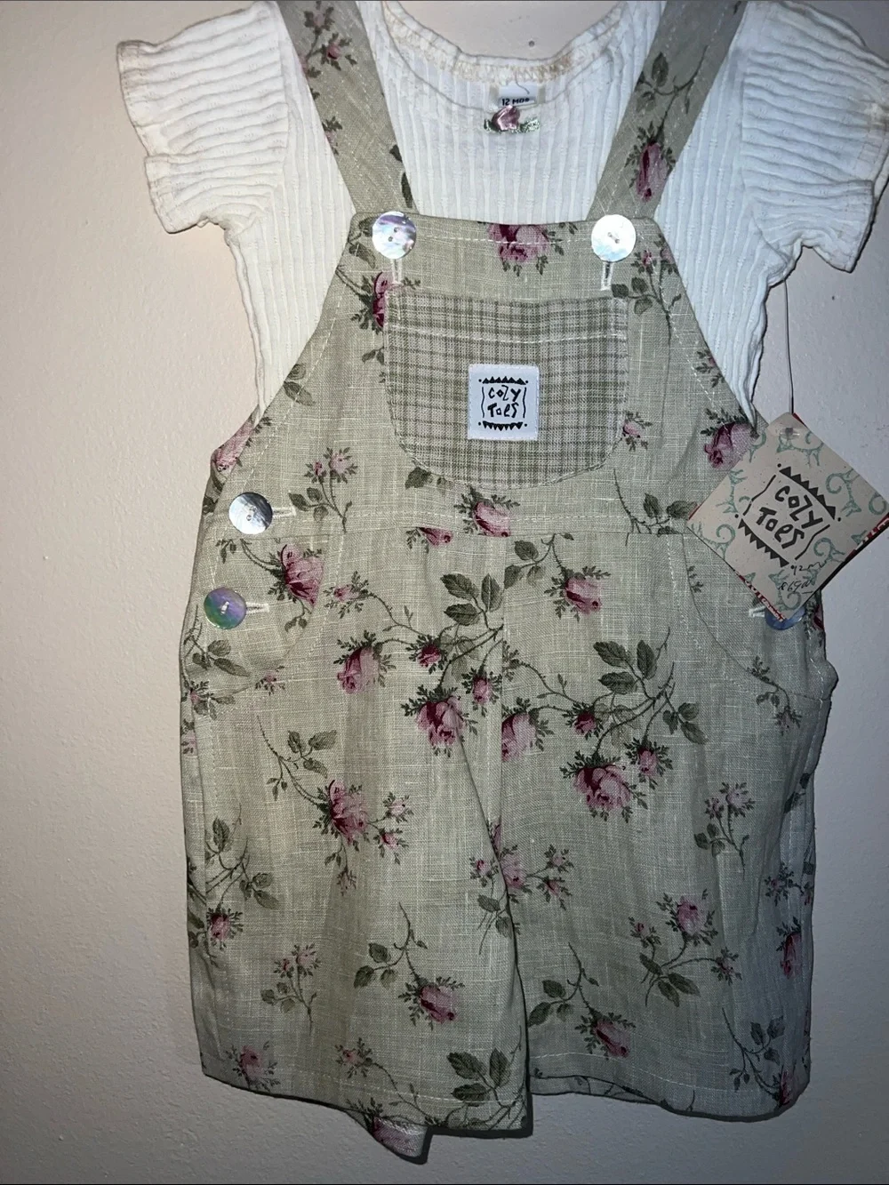 Vintage Kids Cottagecore 2 Piece Girls Floral  Green Bibs and Shirt​