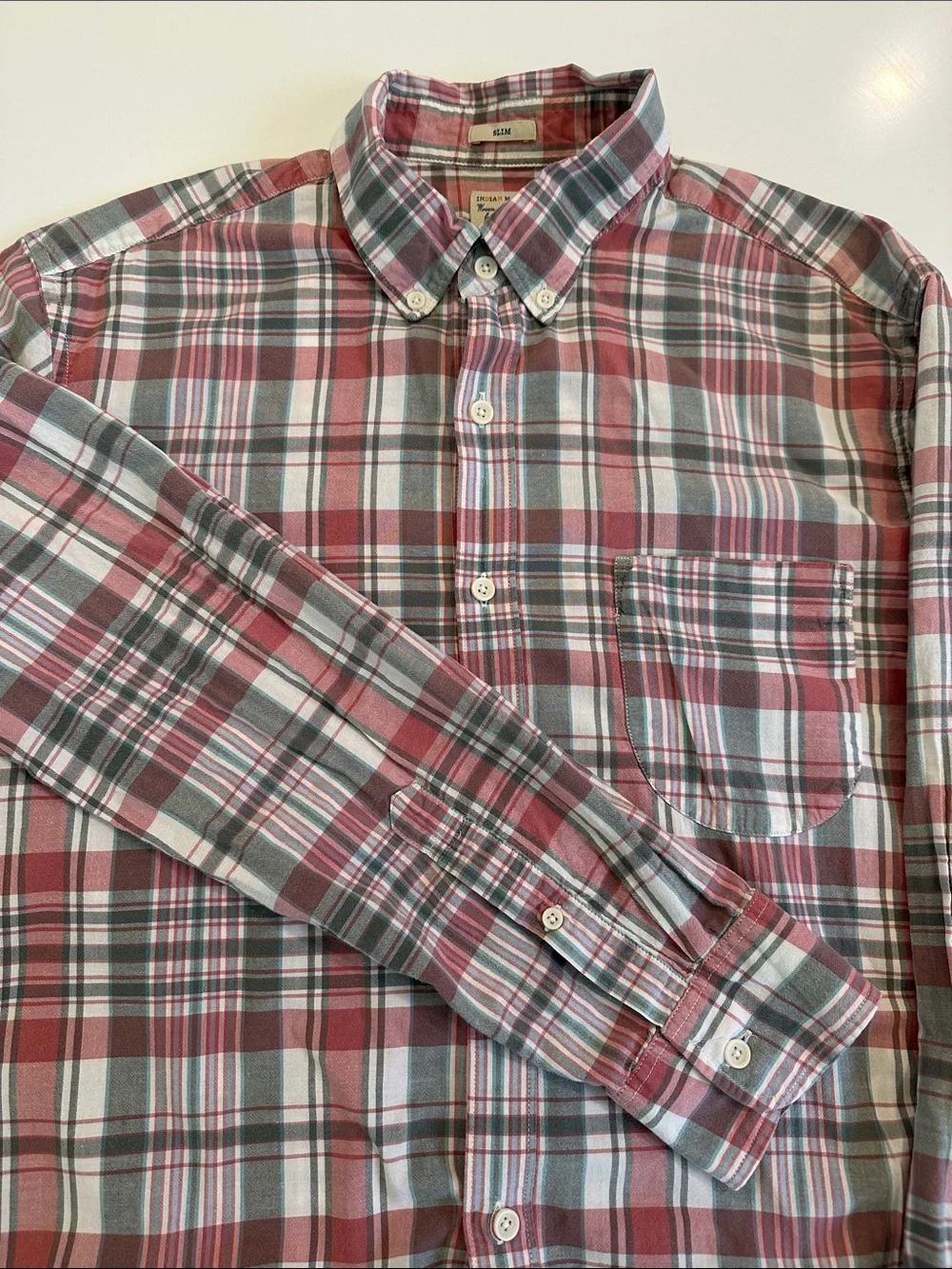 J. Crew Indian Madras Slim Fit Plaid Button Down Shirt Mens Large Red Grey White