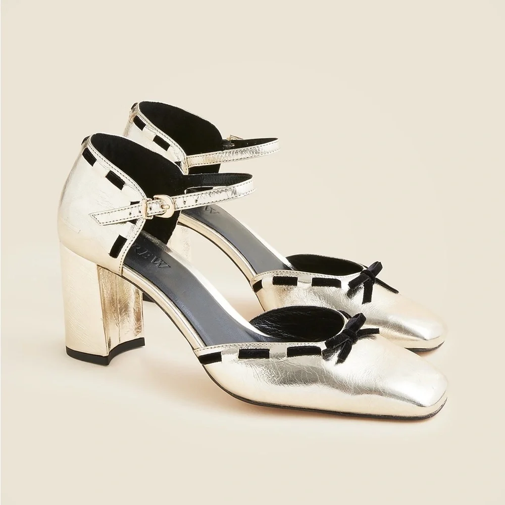 J Crew Maisie bow heels in metallic crinkle leather CP059
