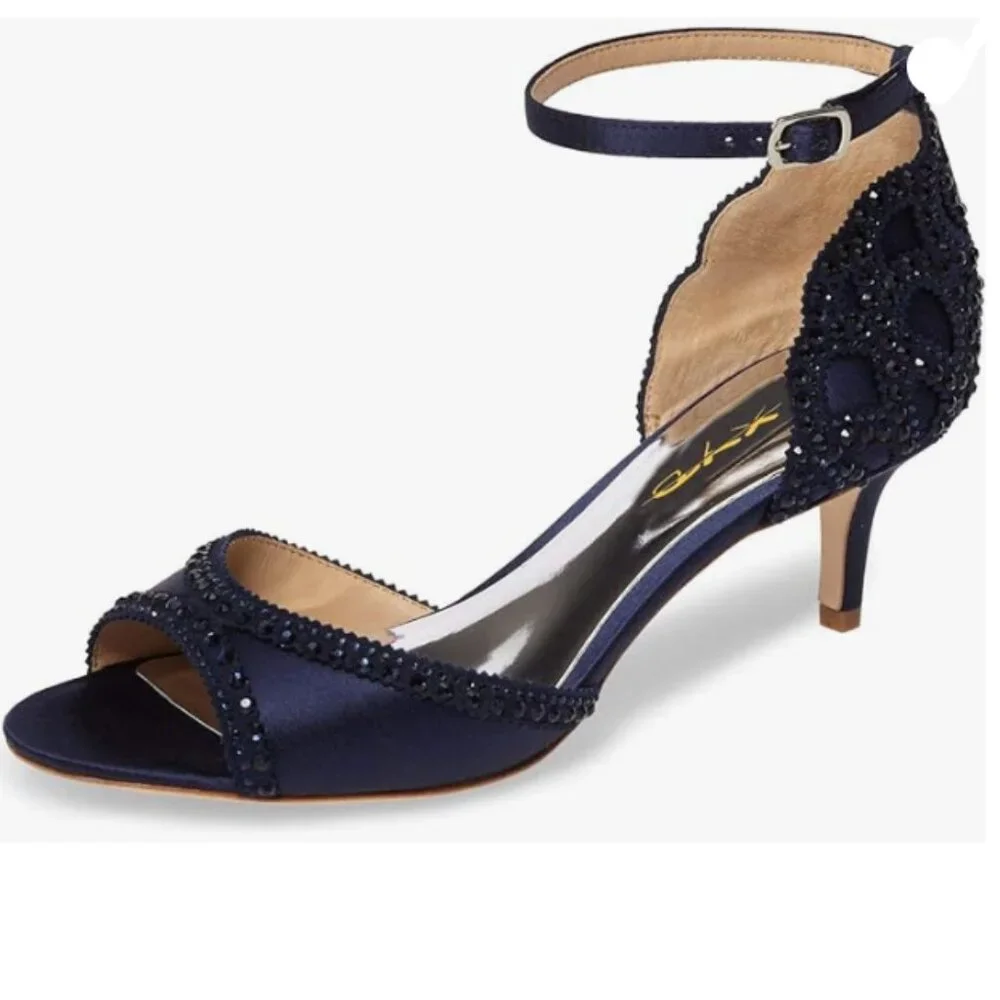 XYD Navy Peep Toe D'Orsay Embellished Kitten Heels With Ankle Strap