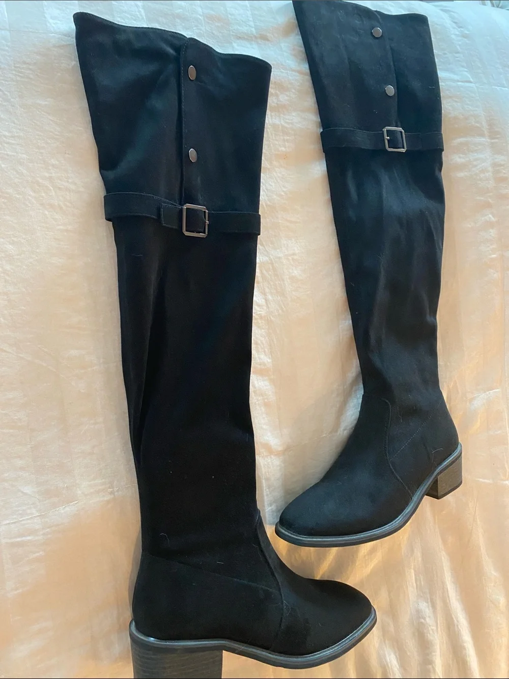 Over-the-Knee Black Suede Boots with Buckle Accent