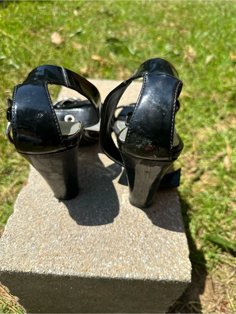 Hot Tomato Black Patent Ankle-Strap Heels with Silver Buckles