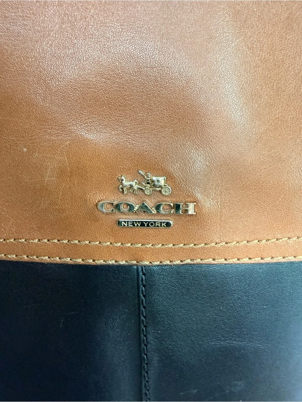 Coach Eva Mat Calf Two Tone Leather Riding Boots Black Saddle Brown 8.5 w/ box