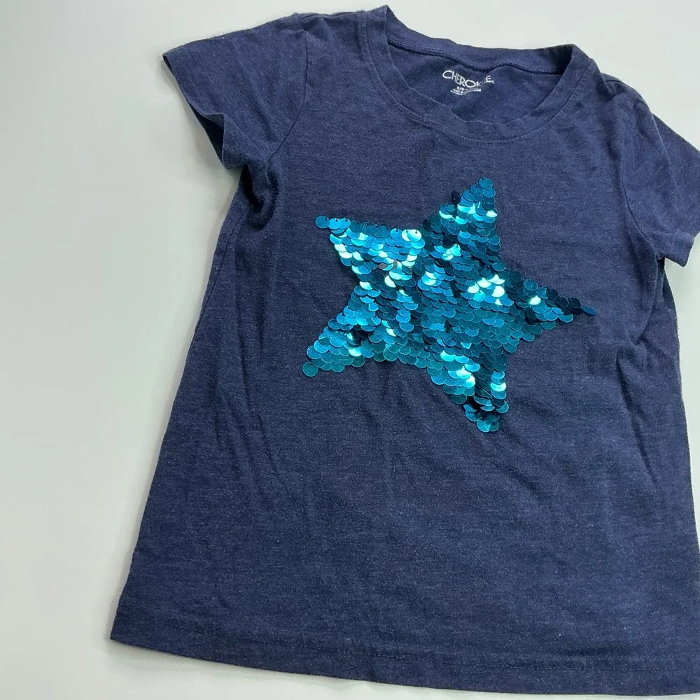 Cherokee Navy Blue Sequin Star Shirt Kids Size S 6-6X Flip Sequin Short Sleeve