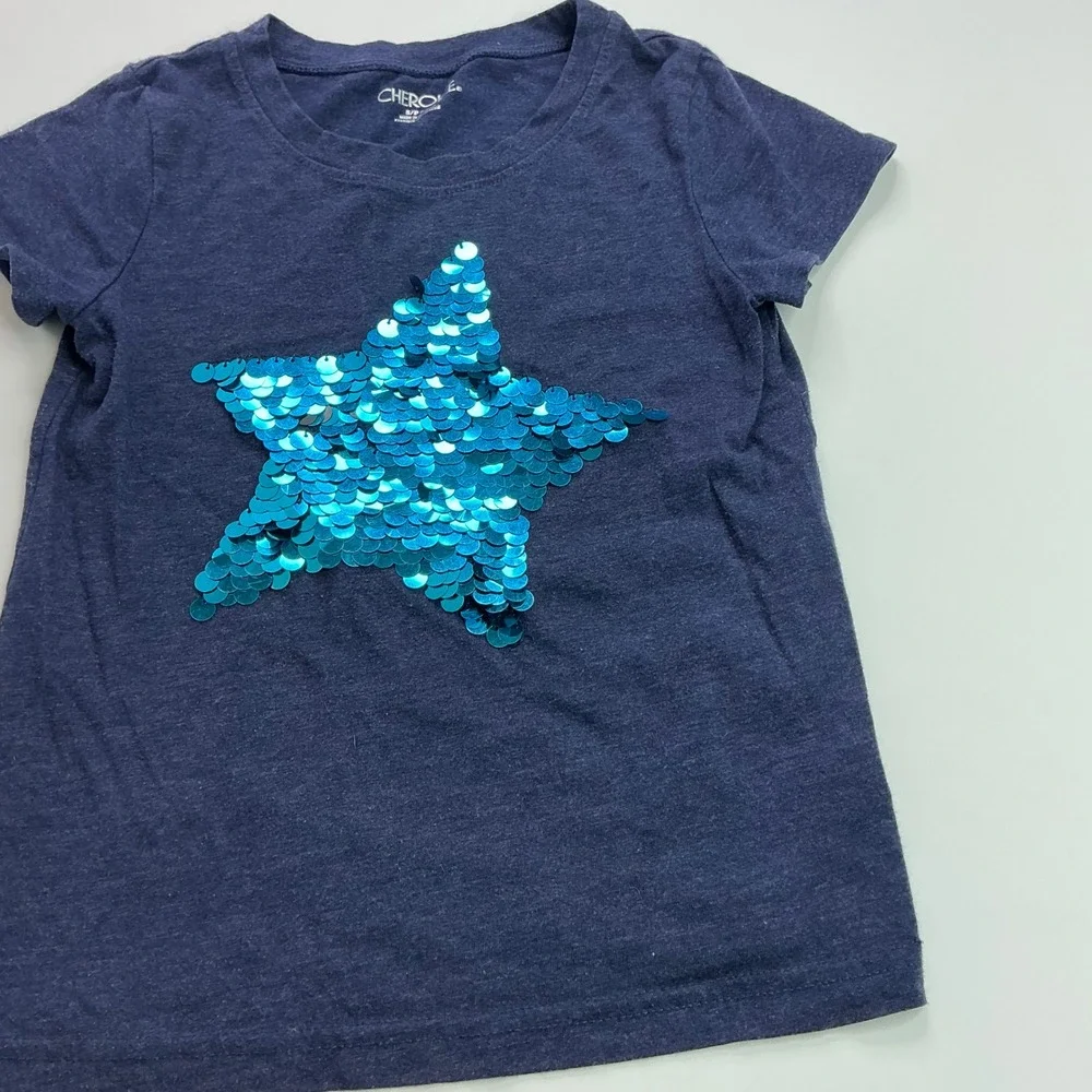 Cherokee Navy Blue Sequin Star Shirt Kids Size S 6-6X Flip Sequin Short Sleeve