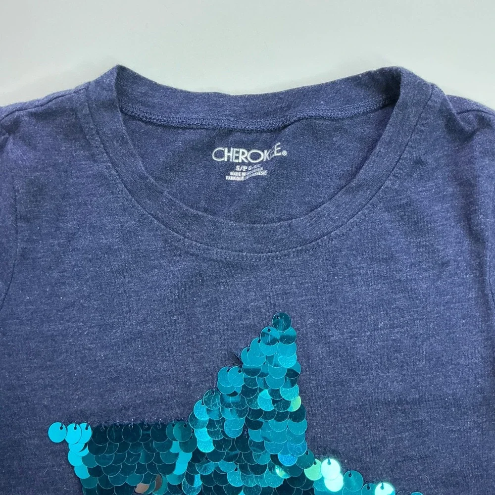 Cherokee Navy Blue Sequin Star Shirt Kids Size S 6-6X Flip Sequin Short Sleeve