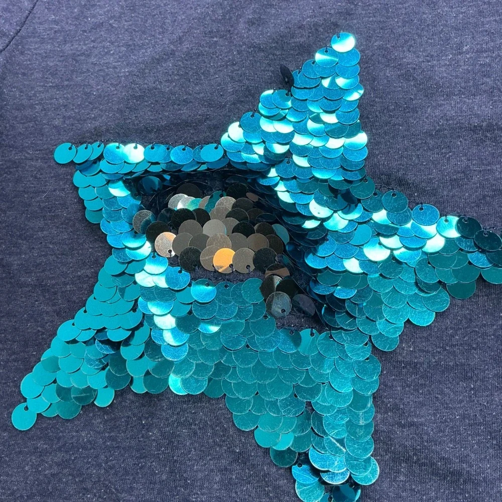 Cherokee Navy Blue Sequin Star Shirt Kids Size S 6-6X Flip Sequin Short Sleeve