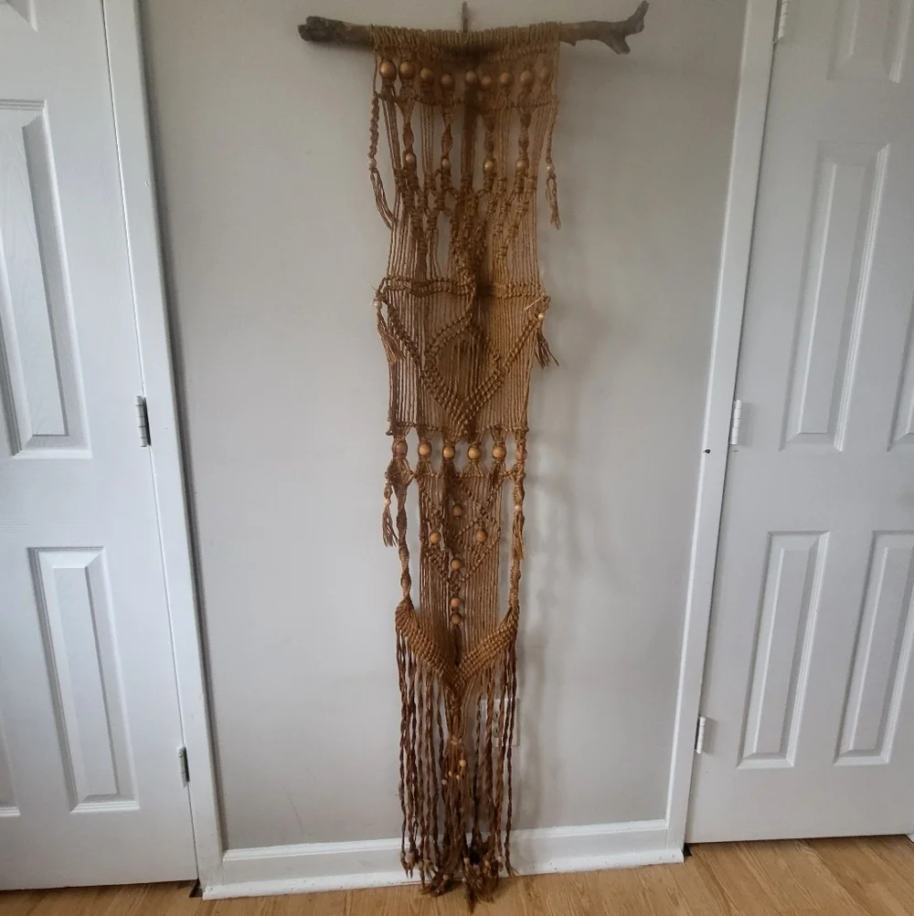 Vintage 70's Handmade Macrame Wall Hanging in Natural Tan With Beading