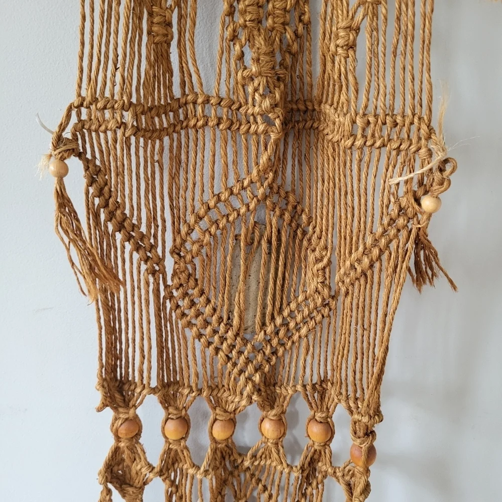 Vintage 70's Handmade Macrame Wall Hanging in Natural Tan With Beading