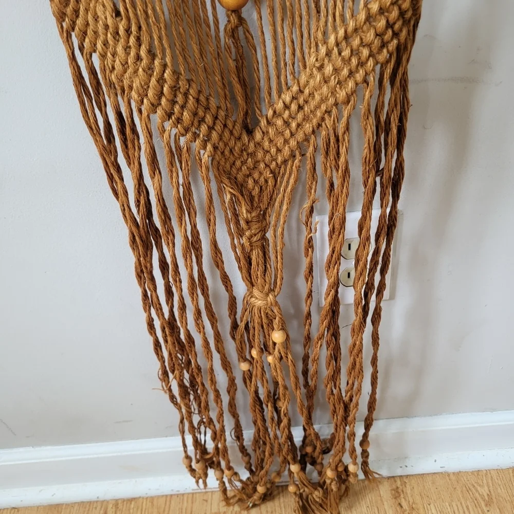 Vintage 70's Handmade Macrame Wall Hanging in Natural Tan With Beading