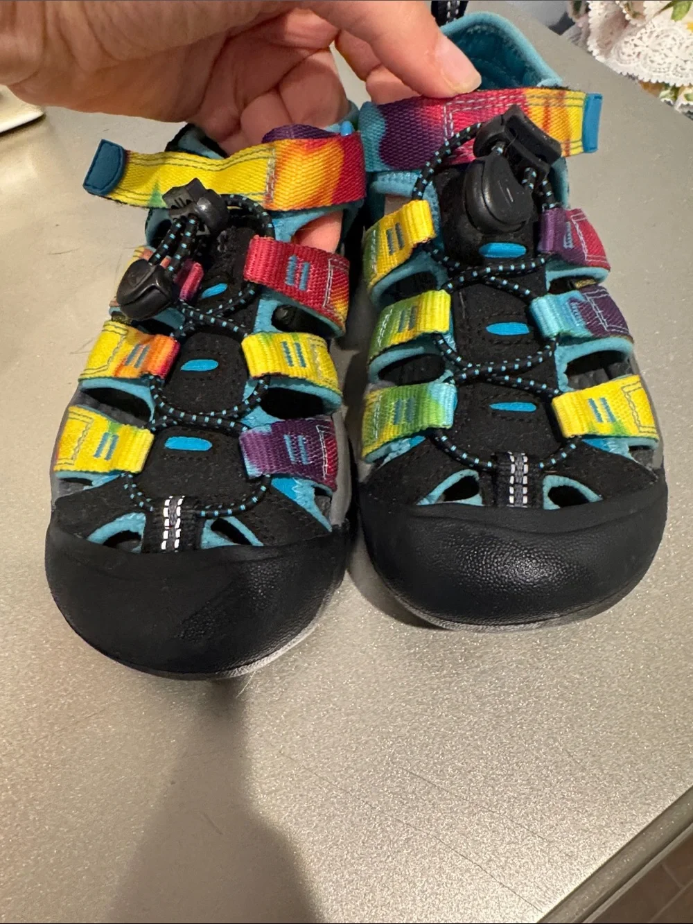 Worn ONCE Keen Tie Dye Kids Rainbow Strappy Sandals outdoor shoes