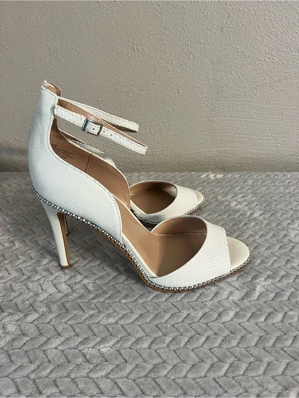 BCBGeneration White Textured Open-Toe Ankle-Strap Heels with Studded Trim